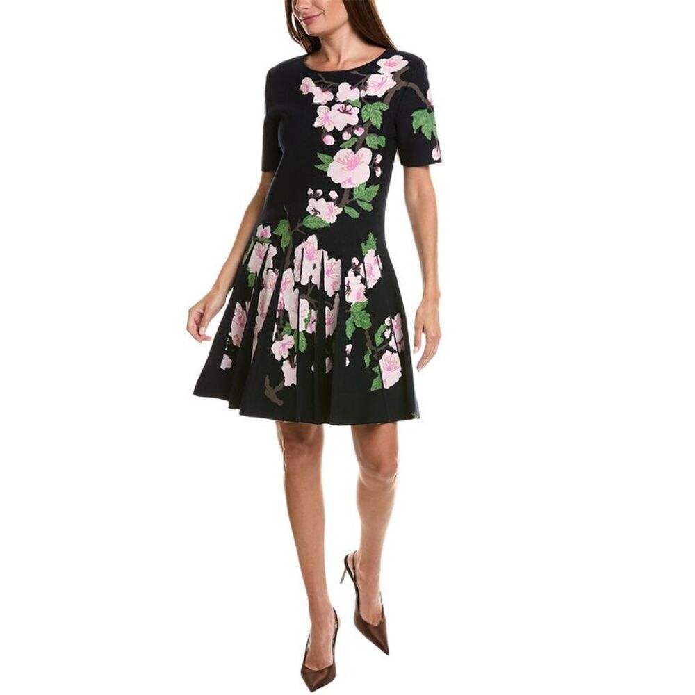 Oscar De La Renta Womens Cherry Blossom Jacquard Knit Dress, Navy